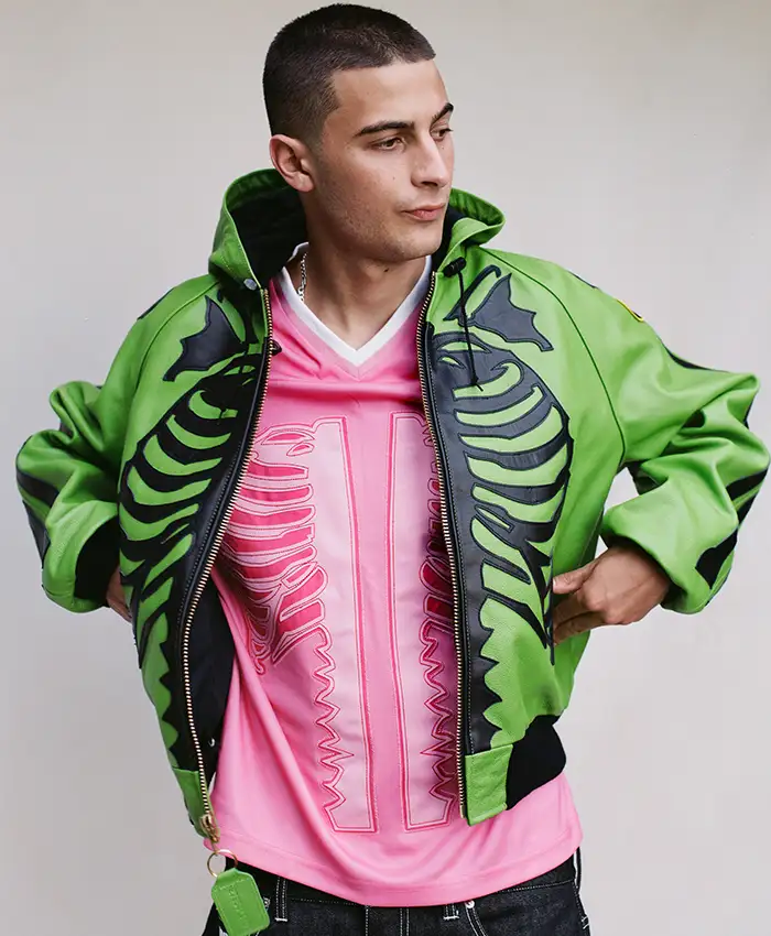 Awake NY Fall-Winter 2026 Halloween Skeleton Green Leather Hooded Jacket front view