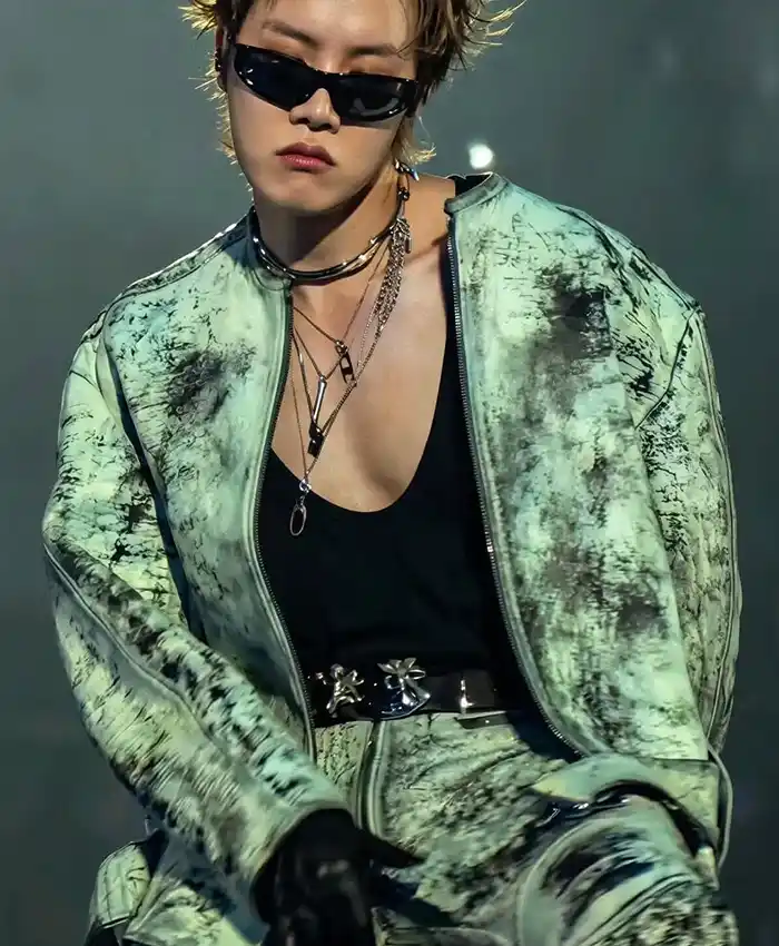 BTS ARIRANG World Tour Chicago J-Hope Distressed And Textured Leather Jacket front view