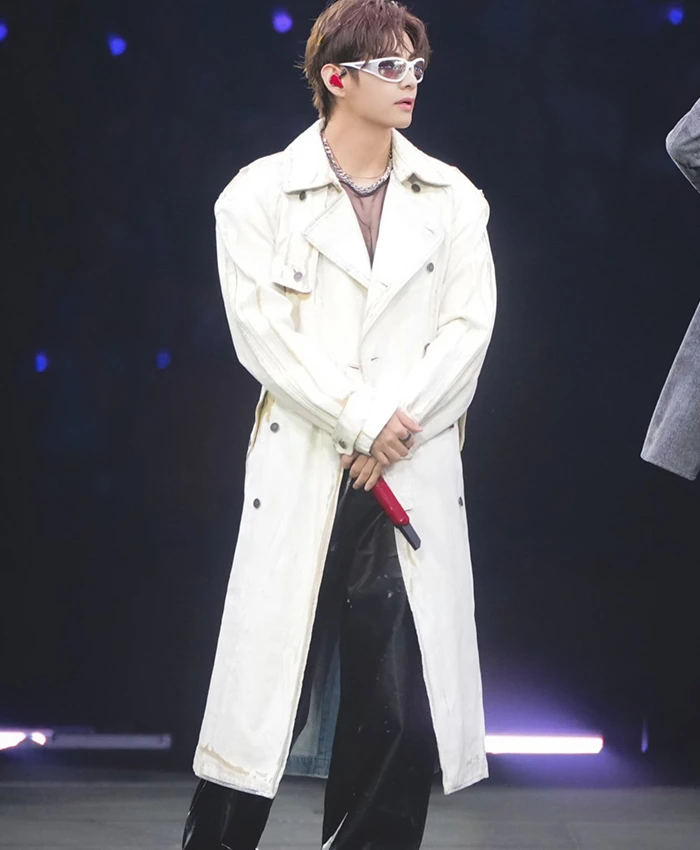 BTS ARIRANG World Tour Chicago Kim Taehyung Off-White Diesel Coated Denim Trench Coat front view