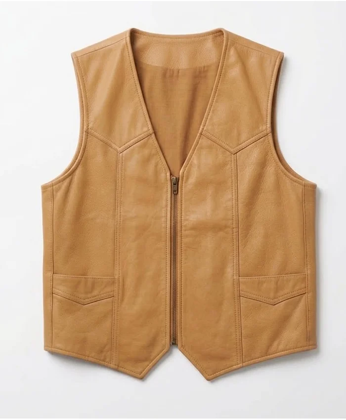 BTS Drake FOMO Fear of Missing Out 2026 Tan Yellow Leather Vest front view