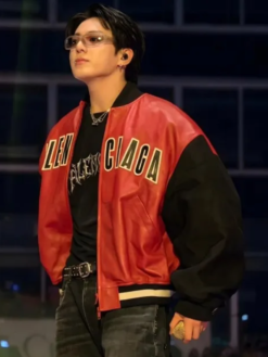 BTS Jungkook Balenciaga Logo Red Black Leather Bomber Jacket