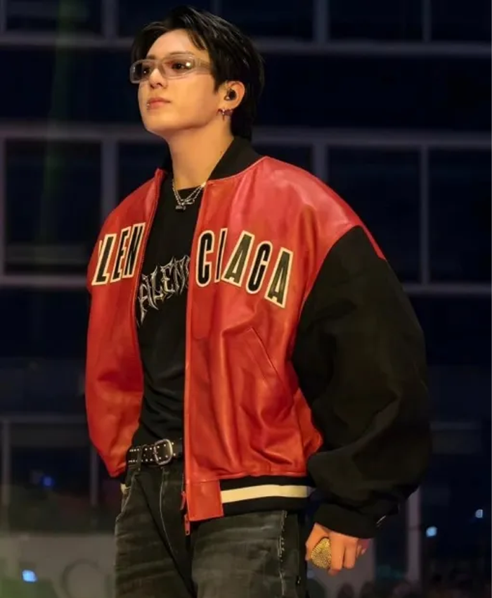 BTS Jungkook Balenciaga Logo Red Black Leather Bomber Jacket