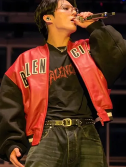 BTS Jungkook Balenciaga Logo Red and Black Oversized Varsity Bomber Leather Jacket