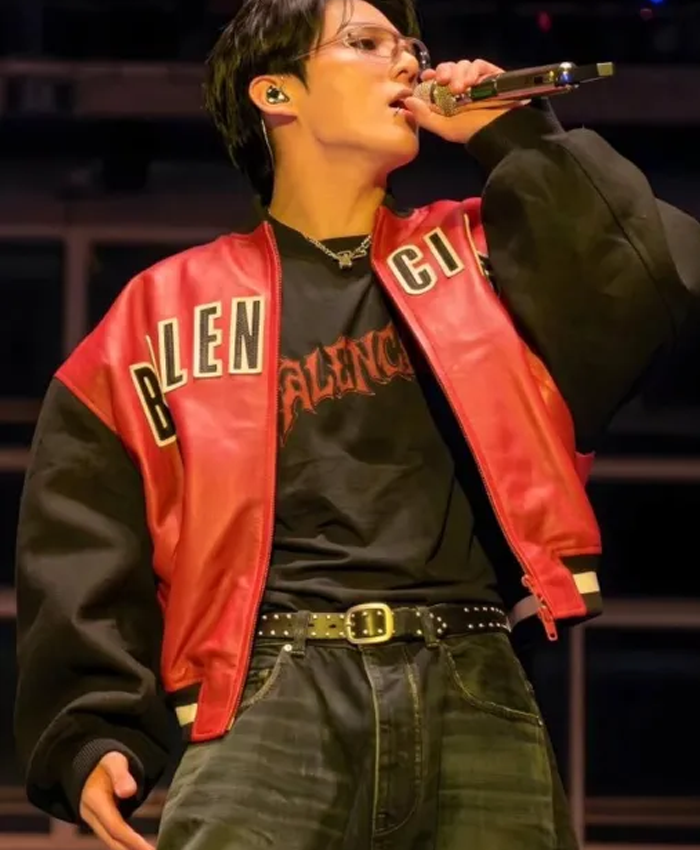 BTS Jungkook Balenciaga Logo Red and Black Oversized Varsity Bomber Leather Jacket