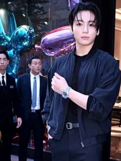 BTS Jungkook Hublot Event 2026 Polyester Black Bomber Jacket front view