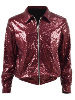 BTS Jungkook Red Sequin Full Zip Up Bomber Jacket For Sale