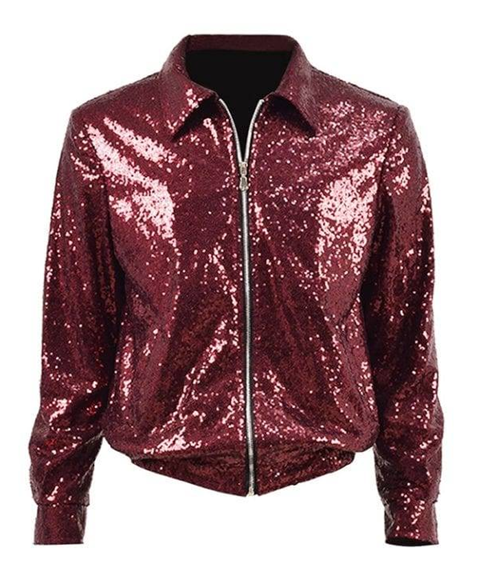 BTS Jungkook Red Sequin Full Zip Up Bomber Jacket For Sale