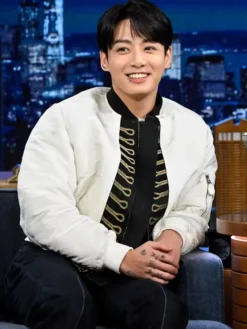 BTS Jungkook The Tonight Show Starring Jimmy Fallon White Satin Bomber Jacket front view