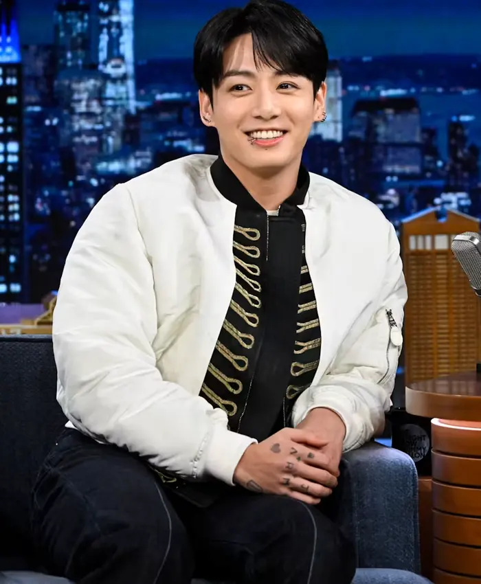 BTS Jungkook The Tonight Show Starring Jimmy Fallon White Satin Bomber Jacket front view