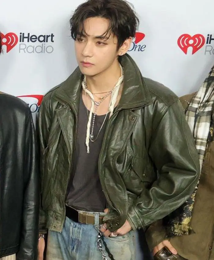 BTS Kim Taehyung V 2026 Music Festival Las Vegas iHeartRadio Green Leather Jacket front view