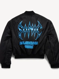 Balenciaga x SEGA Sonic the Hedgehog Black Satin Bomber Varsity Jacket back view