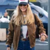Bella Hadid New York City Coach Brown Suede Leather Jacket front view