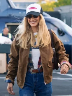 Bella Hadid New York City Coach Brown Suede Leather Jacket front view