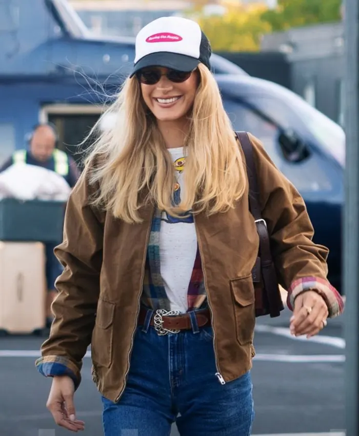 Bella Hadid New York City Coach Brown Suede Leather Jacket front view