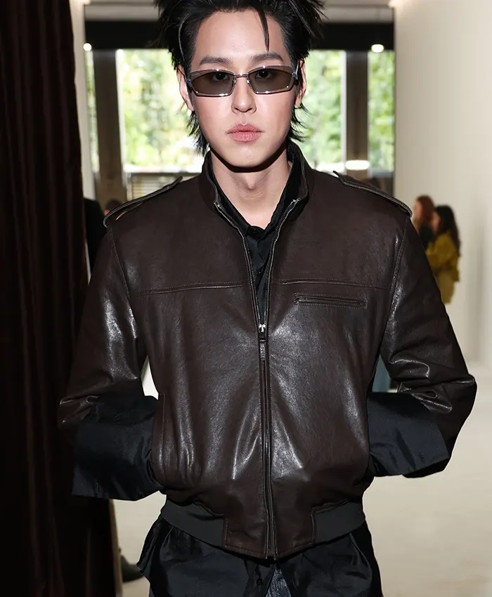 Billkin Gucci Spring Show Milan Fashion Week 2027 Black Bomber Leather Jacket front view