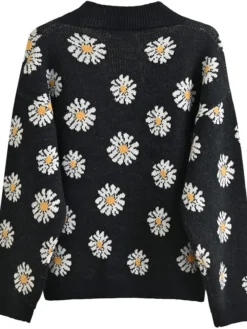 Black Floral Knit Cardigan Sweater FOr Sale
