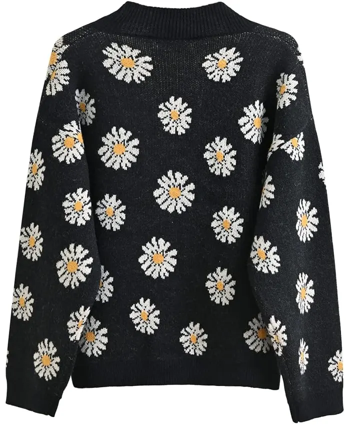Black Floral Knit Cardigan Sweater FOr Sale