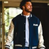 Blake Corum NFL Los Angeles Rams Arrival Peak Navy And White Varsity Letterman Jacket front view