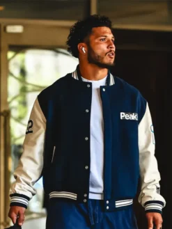 Blake Corum NFL Los Angeles Rams Arrival Peak Navy And White Varsity Letterman Jacket front view