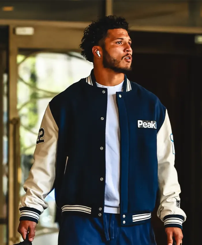 Blake Corum NFL Los Angeles Rams Arrival Peak Navy And White Varsity Letterman Jacket front view