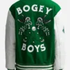 Bogey Boys Friends And Family Macklemore Green And White Letterman Varsity Jacket back view