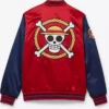 BoxLunch One Piece Anime Straw Hat Crew Red And Blue Satin Varsity Bomber Jacket back view