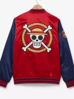 BoxLunch One Piece Anime Straw Hat Crew Red And Blue Satin Varsity Bomber Jacket back view