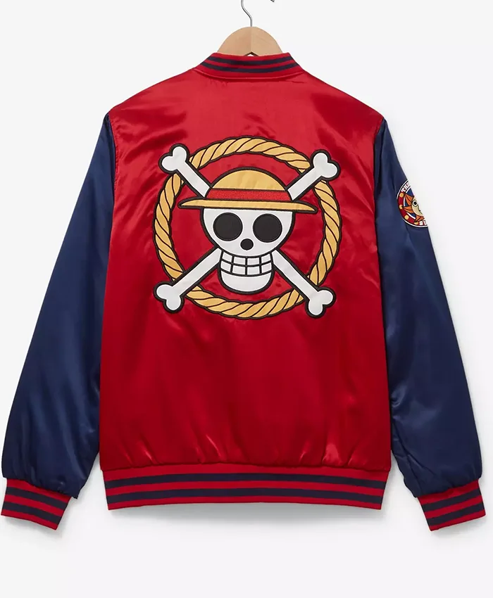BoxLunch One Piece Anime Straw Hat Crew Red And Blue Satin Varsity Bomber Jacket back view