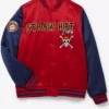 BoxLunch One Piece Anime Straw Hat Crew Satin Red And Blue Bomber Varsity Jacket front view
