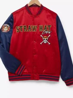 BoxLunch One Piece Anime Straw Hat Crew Satin Red And Blue Bomber Varsity Jacket front view