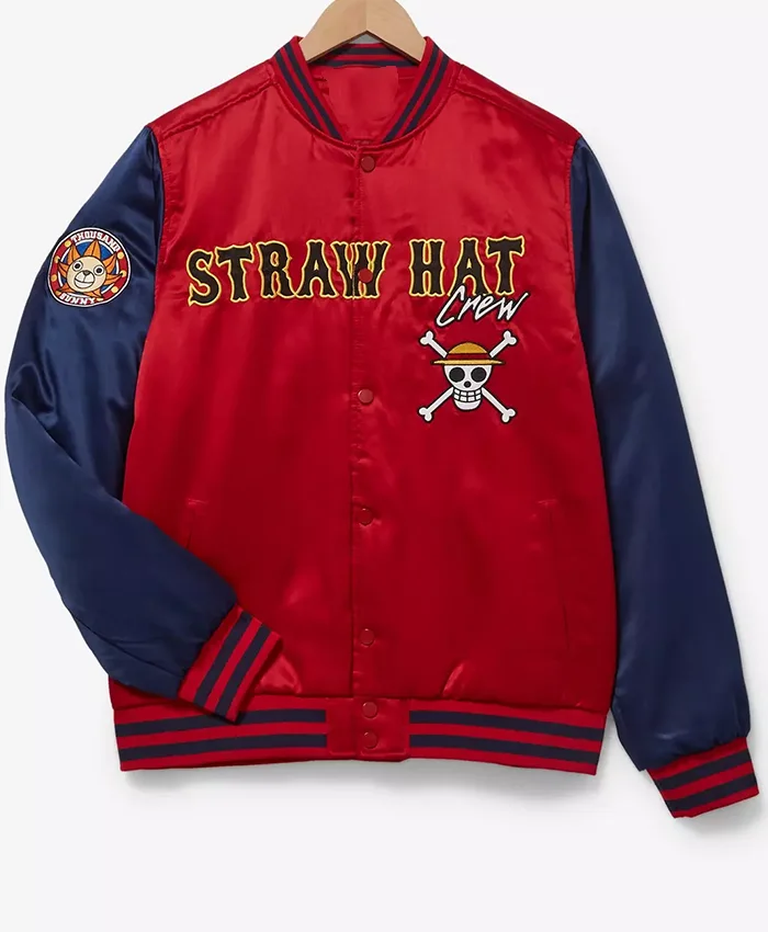 BoxLunch One Piece Anime Straw Hat Crew Satin Red And Blue Bomber Varsity Jacket front view