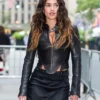 Buy Adria Arjona 2026 Onslaught Press Day Black Leather Jacket For Sale