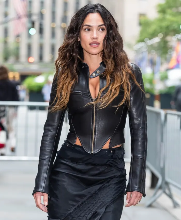 Buy Adria Arjona 2026 Onslaught Press Day Black Leather Jacket For Sale