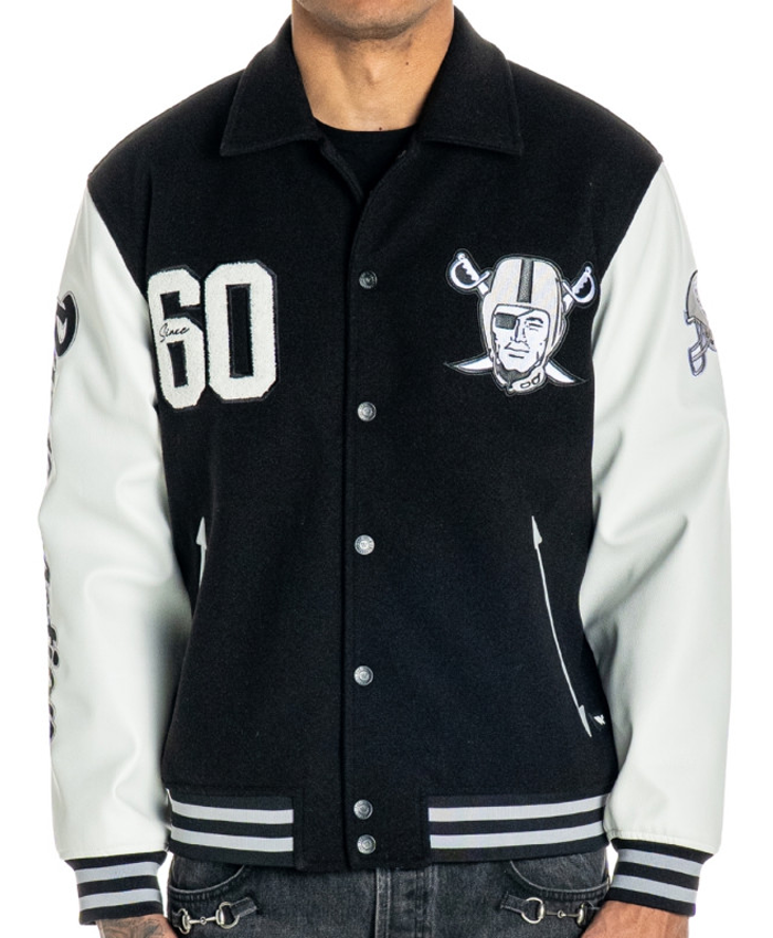 Buy Las Vegas Raiders Collared Black Letterman Varsity Jacket