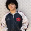 Buy MC Abdul It Goes To Eleven Satin Black And White Bomber Jacket front view