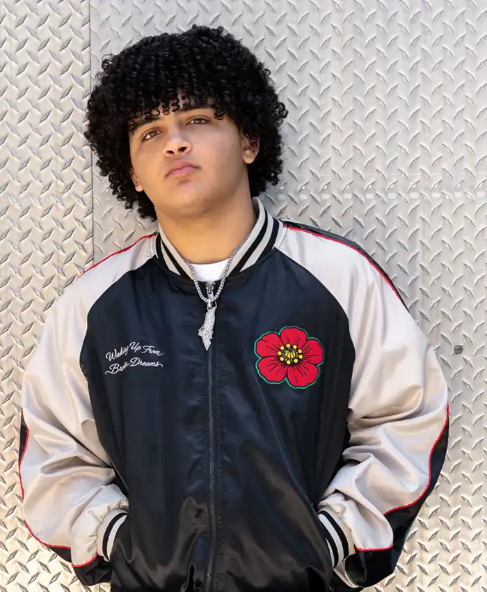 Buy MC Abdul It Goes To Eleven Satin Black And White Bomber Jacket front view