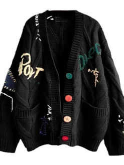 Cable Knit Long Sleeve Black Cardigan Sweater