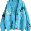 Cable Knit Long Sleeve Blue Cardigan Sweater