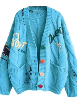 Cable Knit Long Sleeve Blue Cardigan Sweater