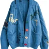 Cable Knit Long Sleeve Cardigan Sweater Royal Blue
