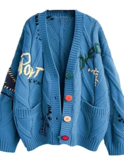 Cable Knit Long Sleeve Cardigan Sweater Royal Blue