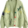 Cable Knit Long Sleeve Green Cardigan Sweater