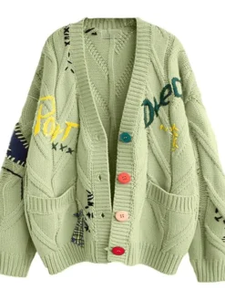 Cable Knit Long Sleeve Green Cardigan Sweater