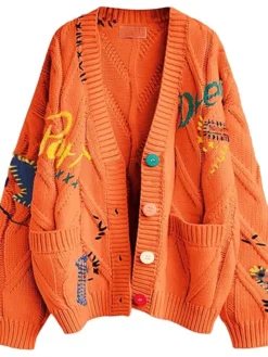 Cable Knit Long Sleeve Orange Cardigan Sweater