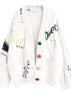 Cable Knit Long Sleeve White Cardigan Sweater