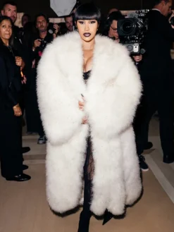 Cardi B Gucci Spring Show Milan 2027 Fashion Week White Faux Fur Trench Coat front view