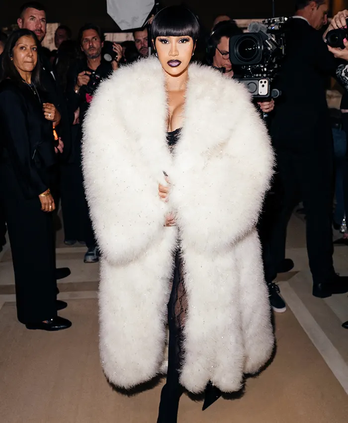 Cardi B Gucci Spring Show Milan 2027 Fashion Week White Faux Fur Trench Coat front view