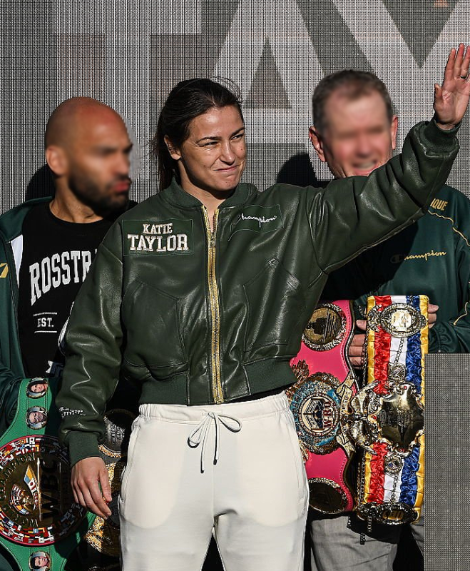 Ceremonial-Weigh-In-Katie-Taylor-Champions-Green-Green-Leather-Bomber-Jacket-Front