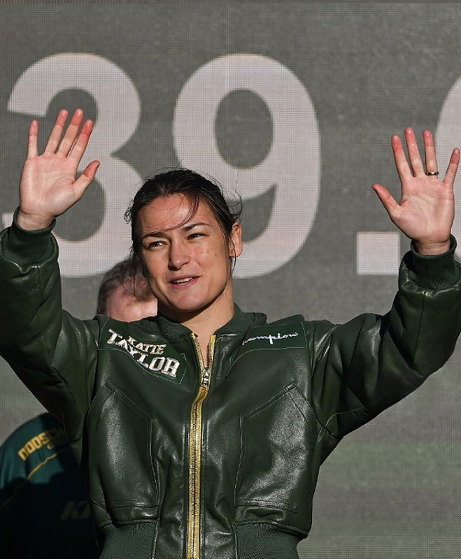 Ceremonial-Weigh-In-Katie-Taylor-Champions-Green-Leather-Bomber-Jacket