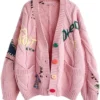 Chouyatou Cable Knit Embroidery Cardigan Sweater Pink
